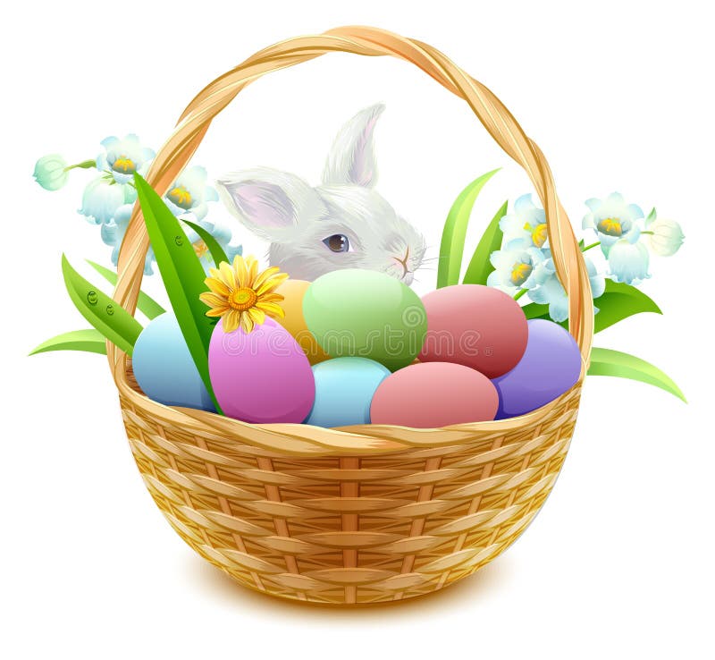 Vide- korg med den påskägg, blommor och kaninen vektor illustrationer