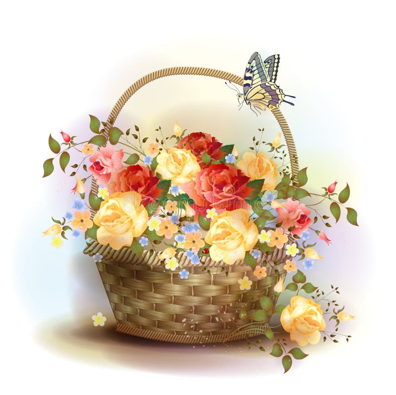 Vide- korg med rosor. stock illustrationer