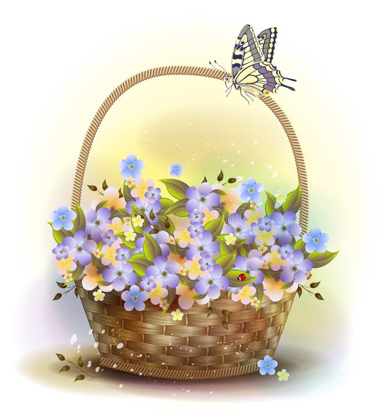 Vide- korg med violets. stock illustrationer
