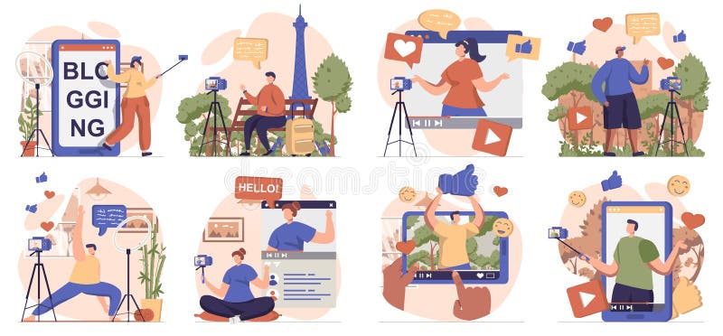 Video blogging collection of scenes isolated. vector illustration