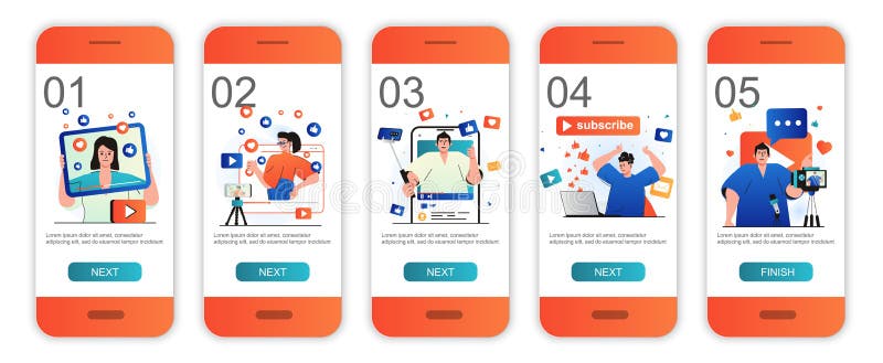 Video blogging concept onboarding screens for mobile app vector illustration