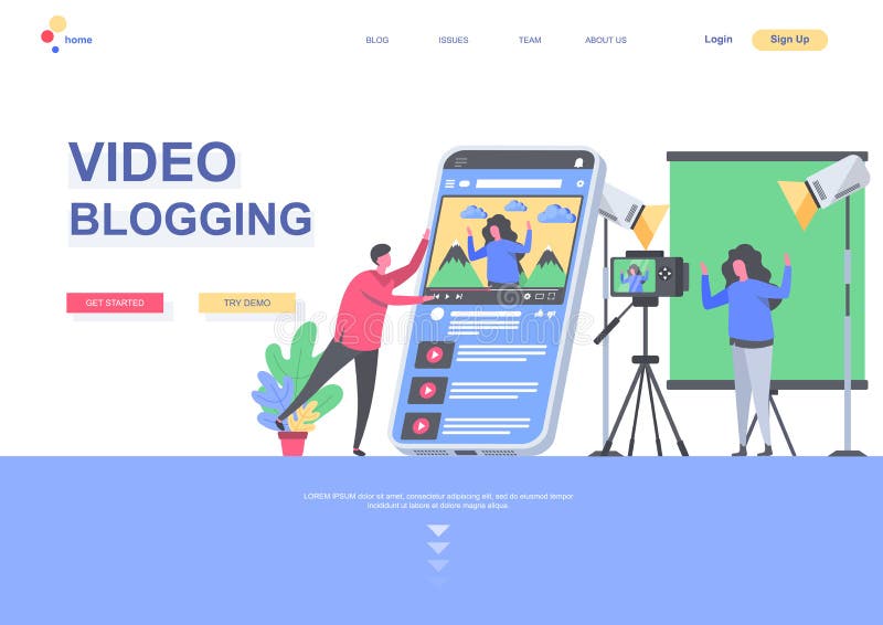 Video blogging flat landing page template vector illustration