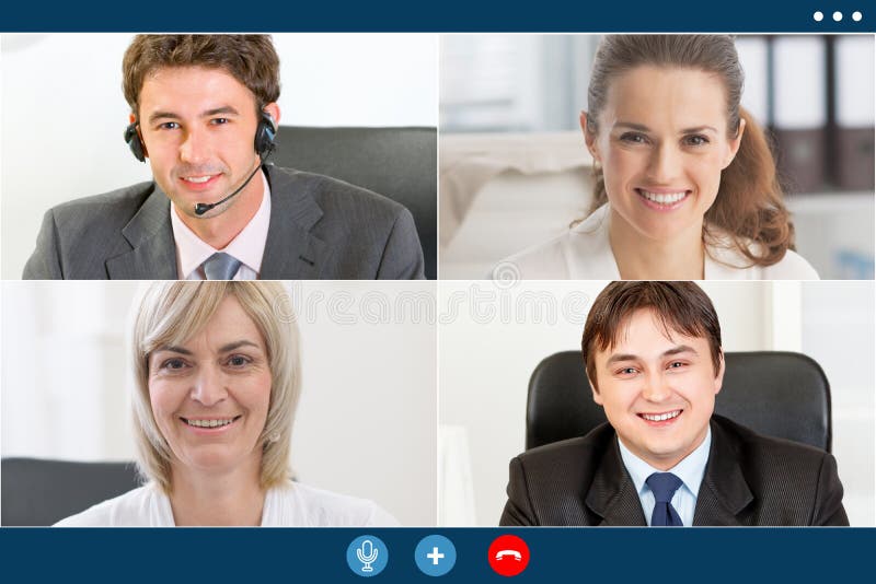 Video call of business colleagues share ideas remotely stock photo