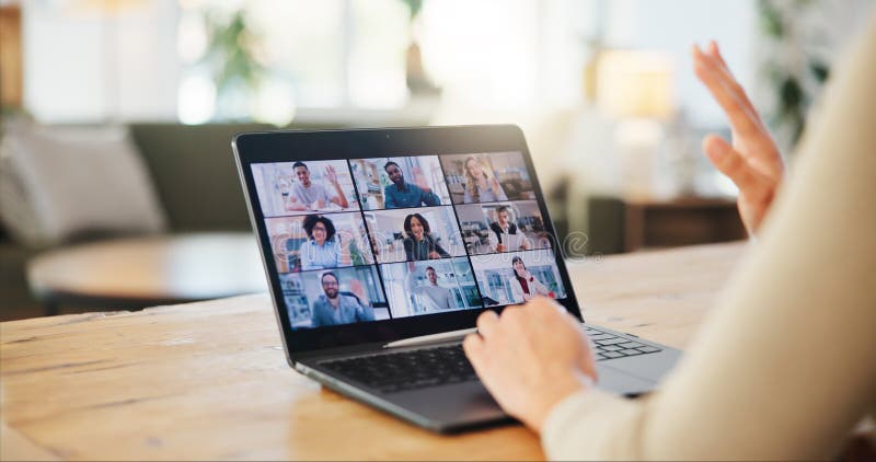 Video call, business people or hands greeting on laptop in virtual meeting for discussion on screen in home. Wave hello royalty free stock photography