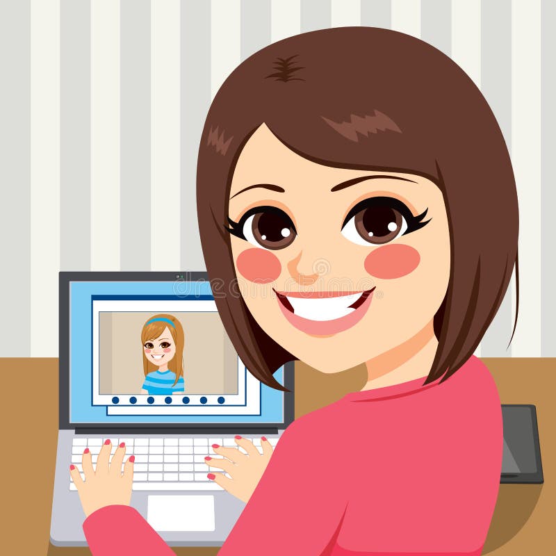 Two friends chatting on video call using laptop stock illustration.