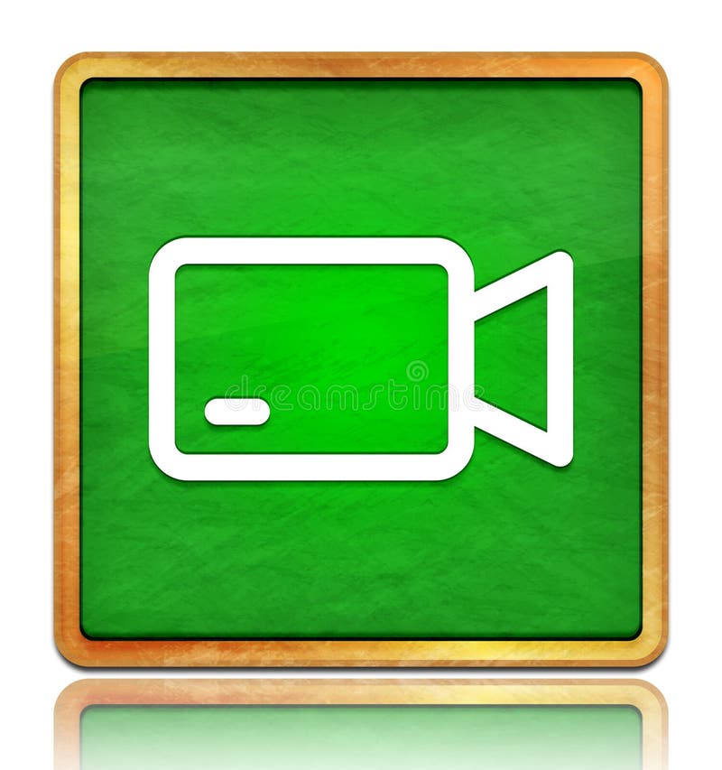 Video camera icon chalk board green square button slate texture wooden frame concept isolated on white background with shadow