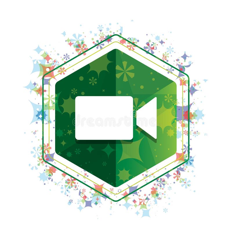Video Camera Icon Floral Plants Pattern Green Hexagon Button Stock