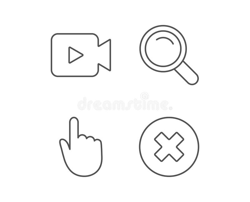Video camera, Search and Hand cursor line icons. vector illustration