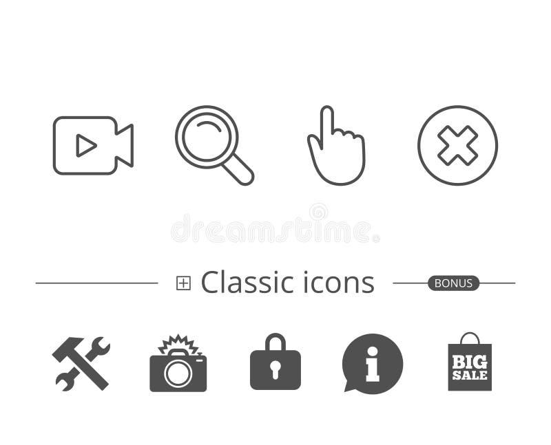 Video camera, Search and Hand cursor line icons. vector illustration