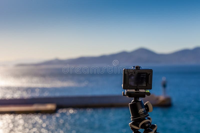 ATHENS GREECE - OCTOBER 25 2018: Video camera that takes a marine view with Joby tripod