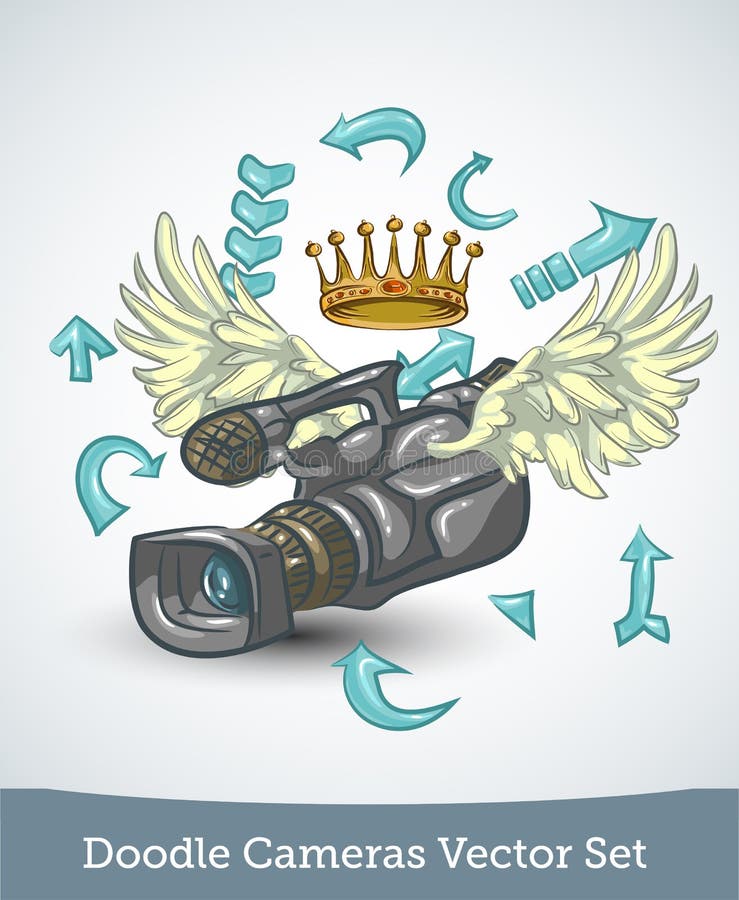 Video Camera with Wings and Crown Isolated on White Background. Vector