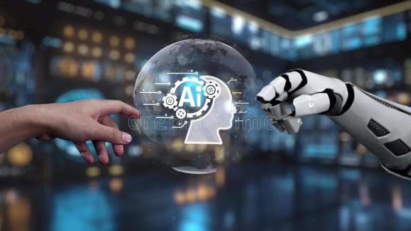 Human and Robot Hand Reaching Towards Artificial Intelligence Concept in Futuristic Digital Environment with Floating stock illustration