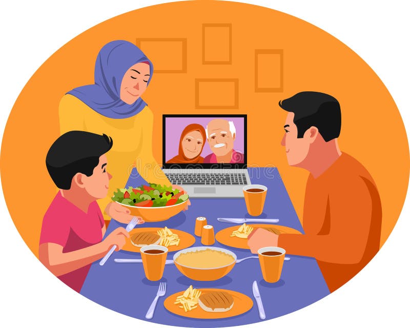 Muslim family having dinner during ramadan. Video chat with family elders. Iftar eating after fasting. Stay home covid-19 concept. Muslim family having dinner during ramadan. Video chat with family elders. Iftar eating after fasting. Stay home covid-19 concept.