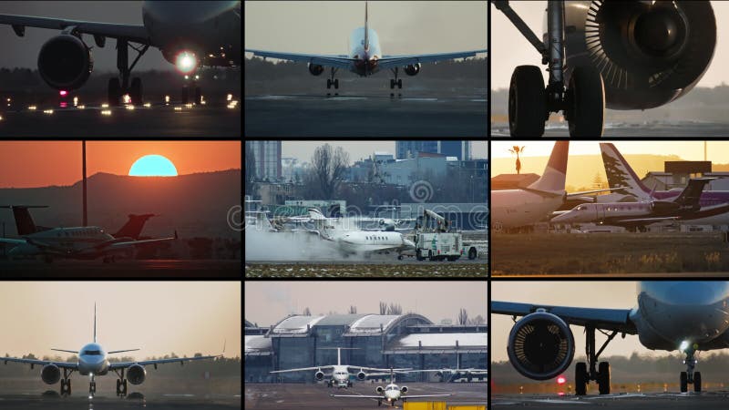 Video collage de antecedentes de viajes globales con aviones despegando y aterrizando. almacen de metraje de vídeo