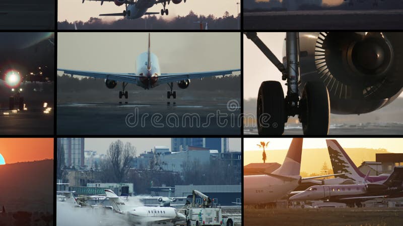 Video collage de antecedentes de viajes globales con aviones despegando y aterrizando. metrajes