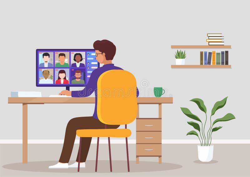 Video conference from home. Concept online meeting with colleagues, work and training via teleconference or video conferencing