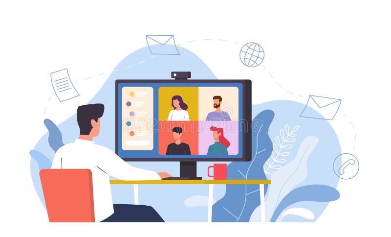 Video conference. Woman at home chatting with friends on computer screen,  online communication with coworkers, video chat vector concept. Internet  meeting with colleagues, having e-learning Stock Vector