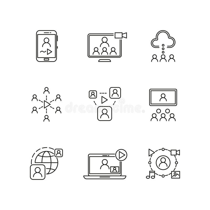 Video conference and online communication vector line icons