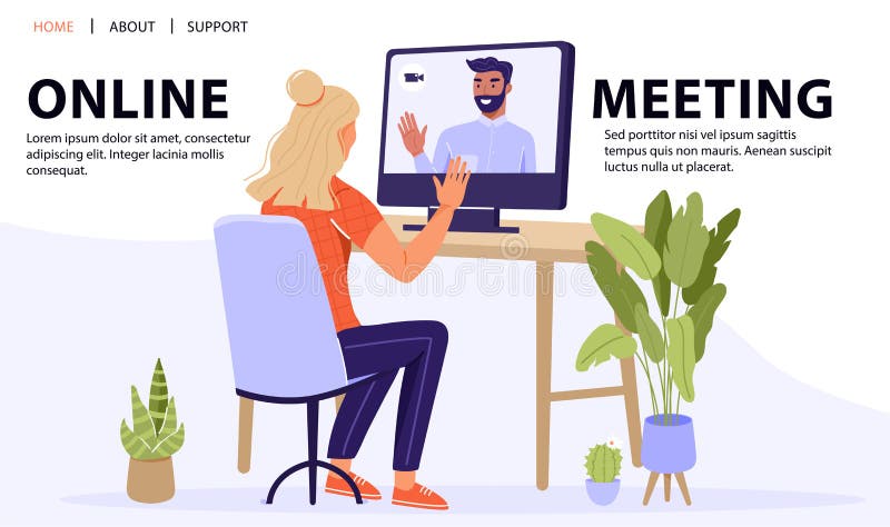 Girl friends chat online. Girl sitting in a chair in front of a laptop and  speaks with friend. Video conference, online chat concept. Working or online  meeting from home. Vector flat illustration.