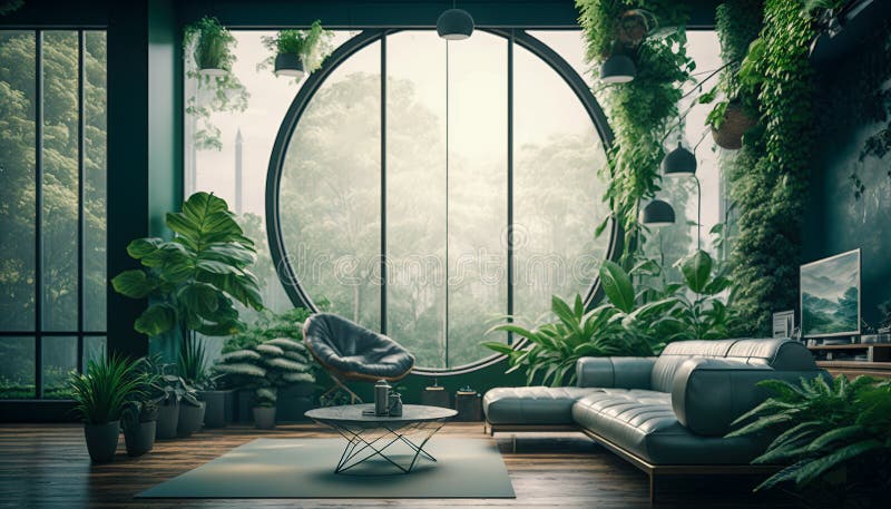 Video Conference, Zoom Background: a Futuristic Green Living Room with