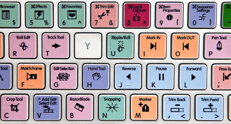 Multi-colored keys on an editing keyboard. Computer editing stock images, royalty-free photos and pictures