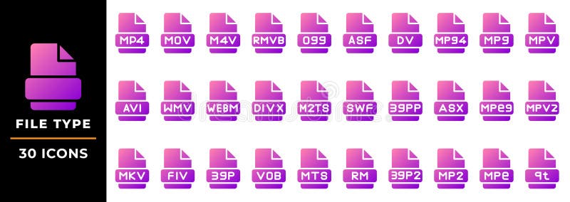 Video file gradient fill icon collection. document, extension, file type symbol stock illustration