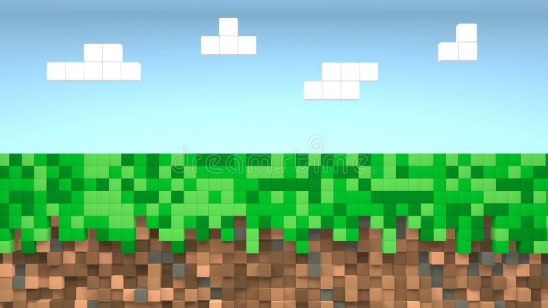 Video game geometric mosaic waves pattern. Construction of hills landscape using brown and green grass blocks, blue sky and clouds