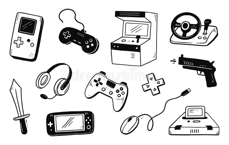 Video Game Hand Drawn Doodle Set. Video Gamer Console, Joystick, Gadget