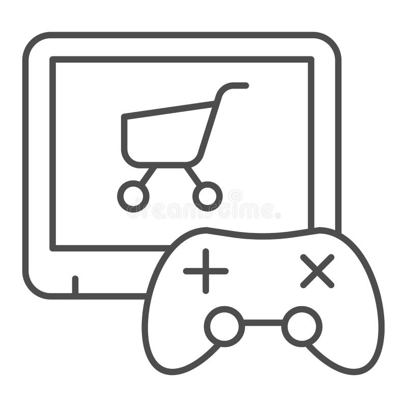 Video game purchase thin line icon. Game console and shopping cart vector illustration isolated on white. Game vector illustration