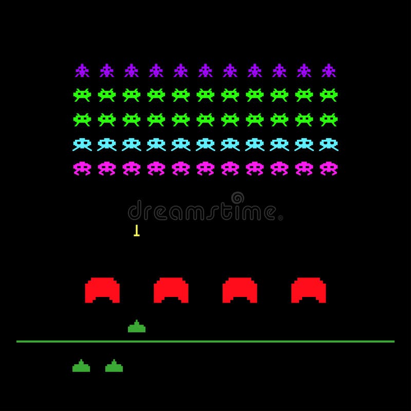 Video game with space, invaders, aliens. Retro style computer game template. Vector Illustration