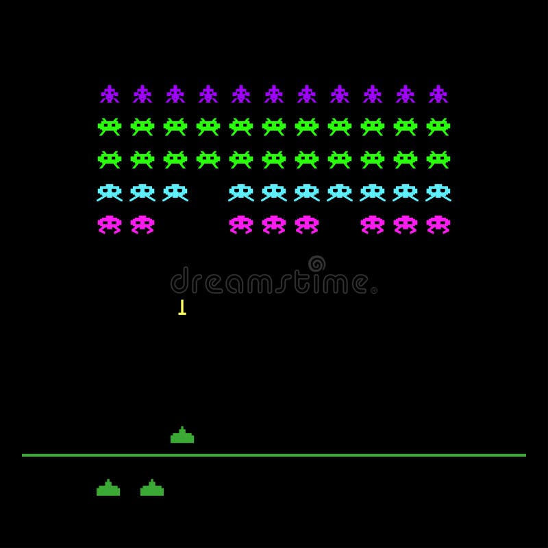 Video game with space, invaders, aliens. Retro style computer game template. Vector Illustration