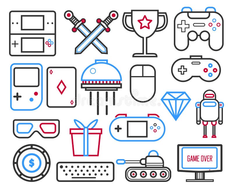 Video games console with joystick controllers and toys linear icons royalty free illustration
