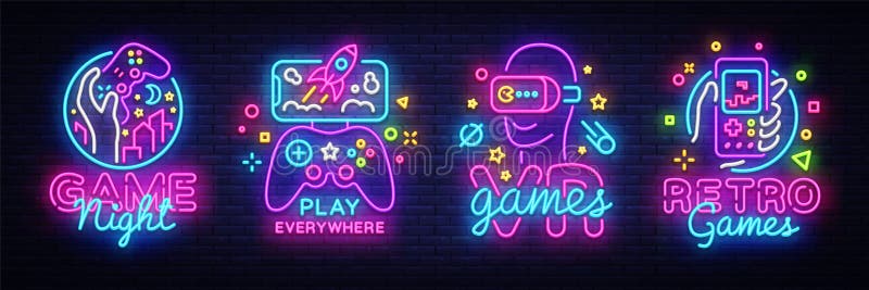 Video Games logos collection neon sign Vector design template. Conceptual Vr games, Retro Game night logo in neon style royalty free illustration