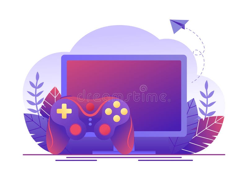 Video Gaming, Online Games. Computer Screen and Gamepad. Flat Concept Illustration for Web Page, Banner, Presentation Illustration - Illustration control, entertainment: