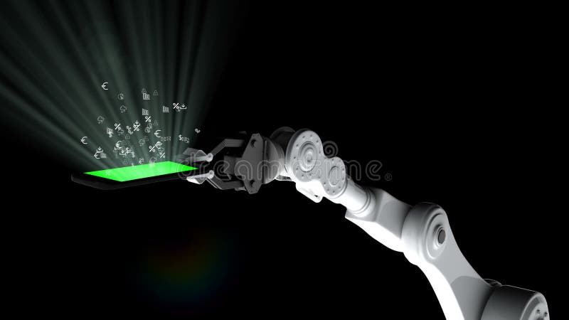 Video generat digital al brațului robotic care conține o tabletă digitală cu un simbol matematic care se ridică stock illustration