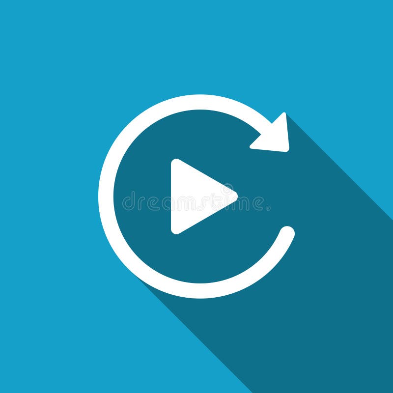 Video play button like simple replay icon isolated with long shadow. Flat design. Vector royalty free illustration