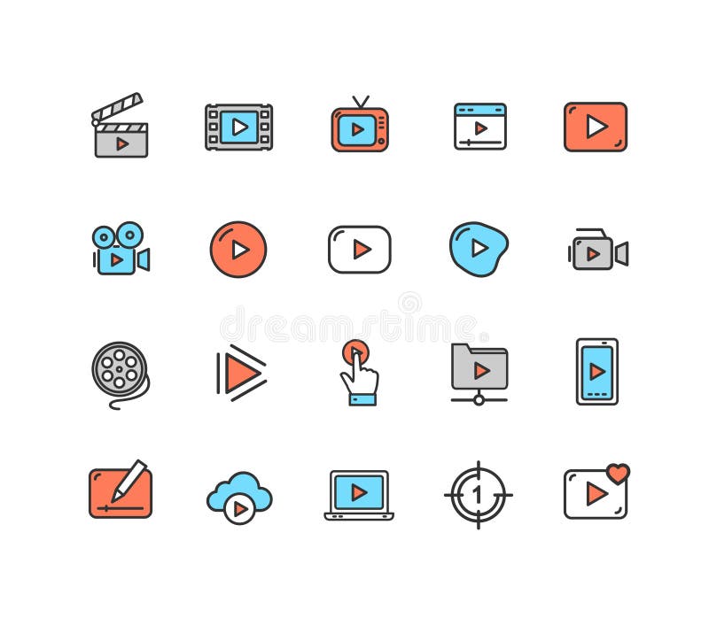 Video Play Sign Color Thin Line Icon Set. Vector stock illustration