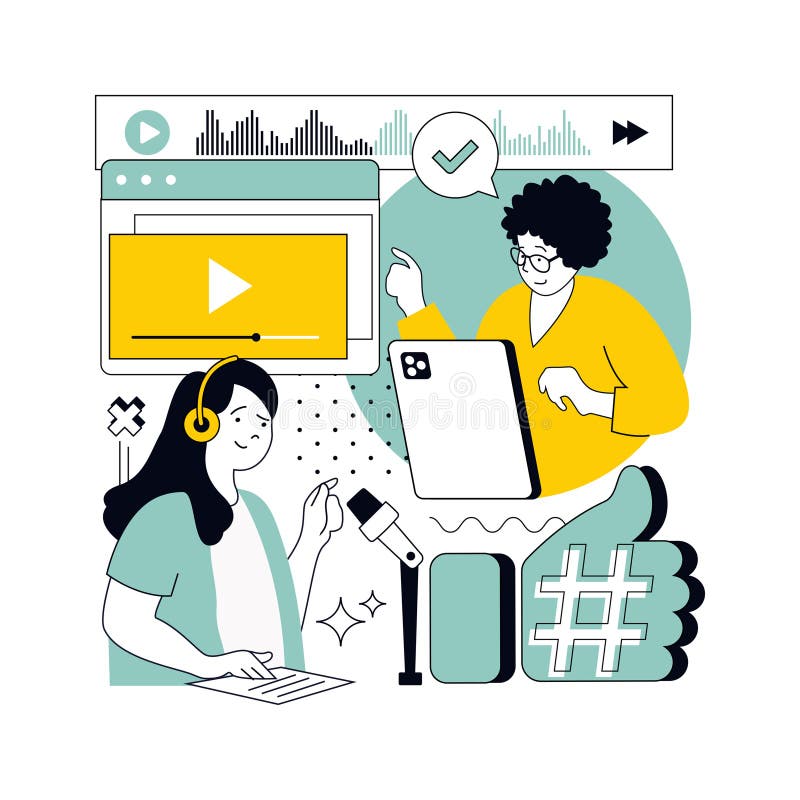 Video podcast concept for modern web design. People recording conversations with guests, creating audio interviews, doing blogging vector illustration