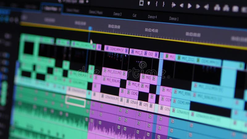 Video som redigerar programvara som går till och med Timelineramen förbi rampunkt av sikten