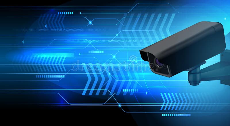 Video surveillance security cameras composition with realistic image of camera on abstract background with connected lines vector