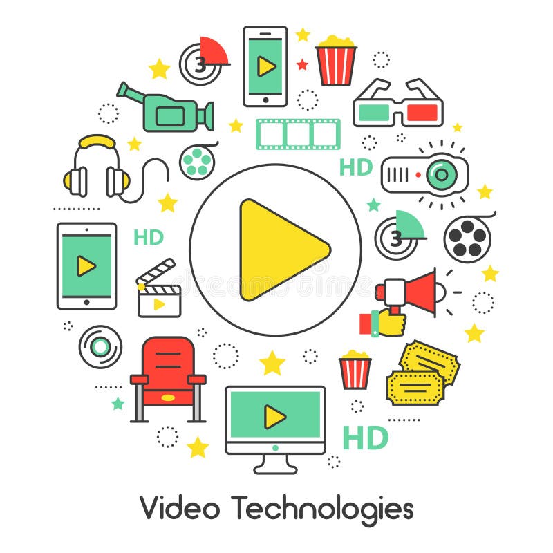 Video Technologies Line Art Thin Icons Set with Cinema Elements stock illustration