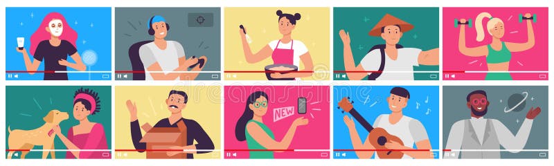 Video tutorial. Bloggers, content creators and vloggers influencers videos in player interface. People shoot video stock illustration