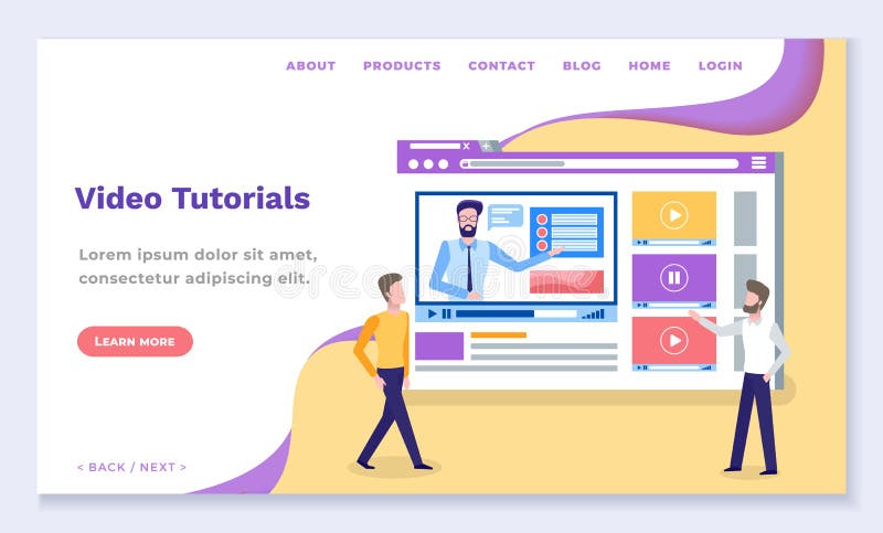 Video Tutorials, Online Learning Through Internet. Video tutorials in network, get knowledge on internet course. Website for online learning through media. Two men stand near browser with opened educational web page. Vector illustration in flat style