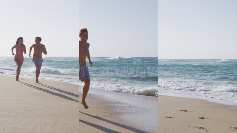 Video vertical de pareja romántica en luna de miel jugando en la playa de Hawái almacen de video