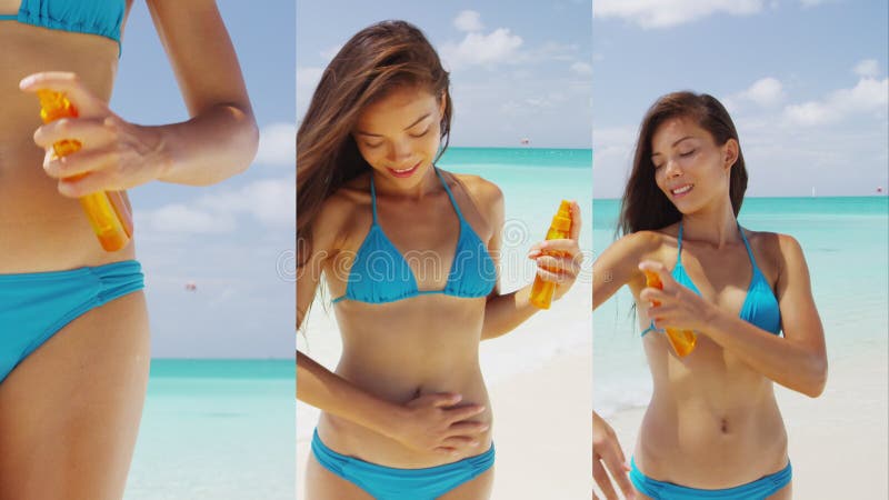 Video vertical de Sunscreen - mujer asiática aplicando loción solar en la playa almacen de video