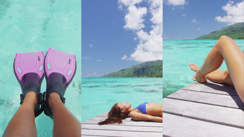 Video vertical - paraíso de vacaciones de viaje mujer disfrutando del sol después de nado de snorkel almacen de video