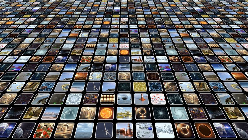 Video wall with many small icons on monitors. 3D rendering stock illustration Video wall with many small icons on monitors. 3D rendering stock illustration