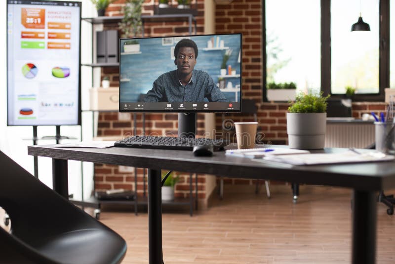 Videocall of entrepreneur on computer stock photo