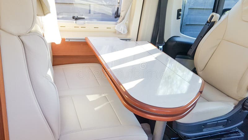 A modern camper Vehicle interior view of motorhome rv for recreational vanlife. A modern camper Vehicle interior view of motorhome rv for recreational vanlife