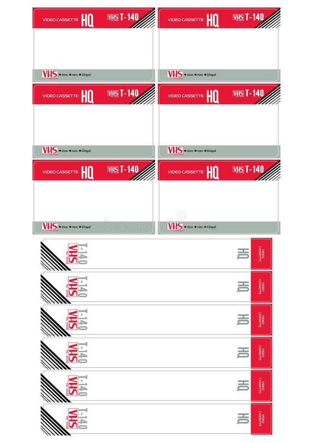 VHS format T-140 videotape stickers on the top cover and on the rib of the cassette. stock illustration